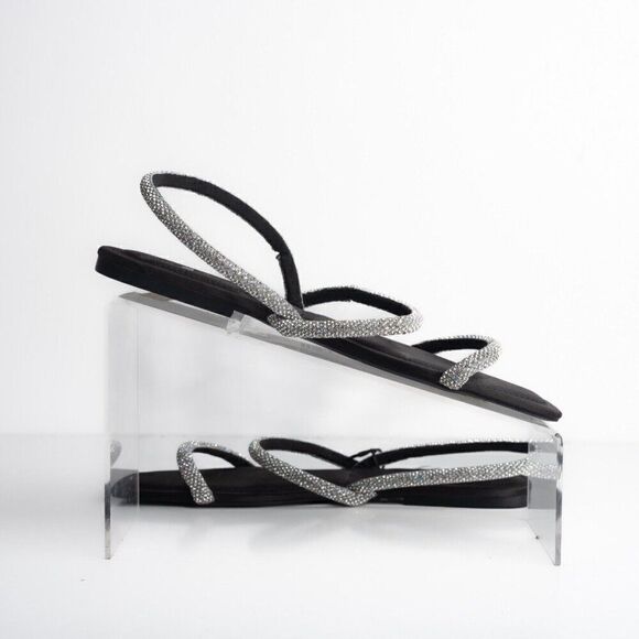 Zara Womens Black Strappy Rhinestone Slingback Flat Sandals Sz US 7.5 EU 38 - Picture 3 of 10